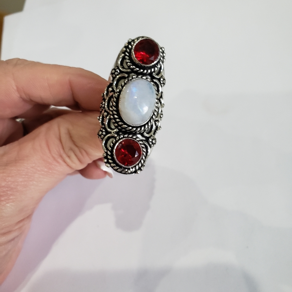 Rainbow Moonstone, Garnet Gemstone, 925 Silver Ri… - image 3